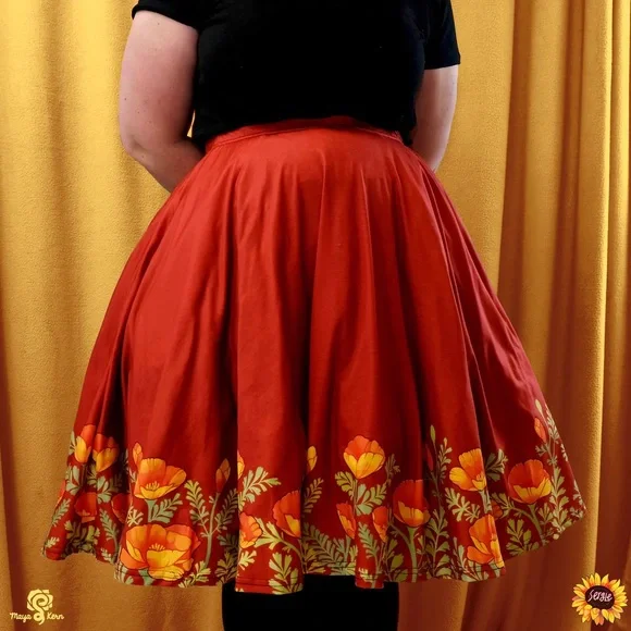 “Poppies” Print Red Circle Midi Skirt - Picture 2 of 3
